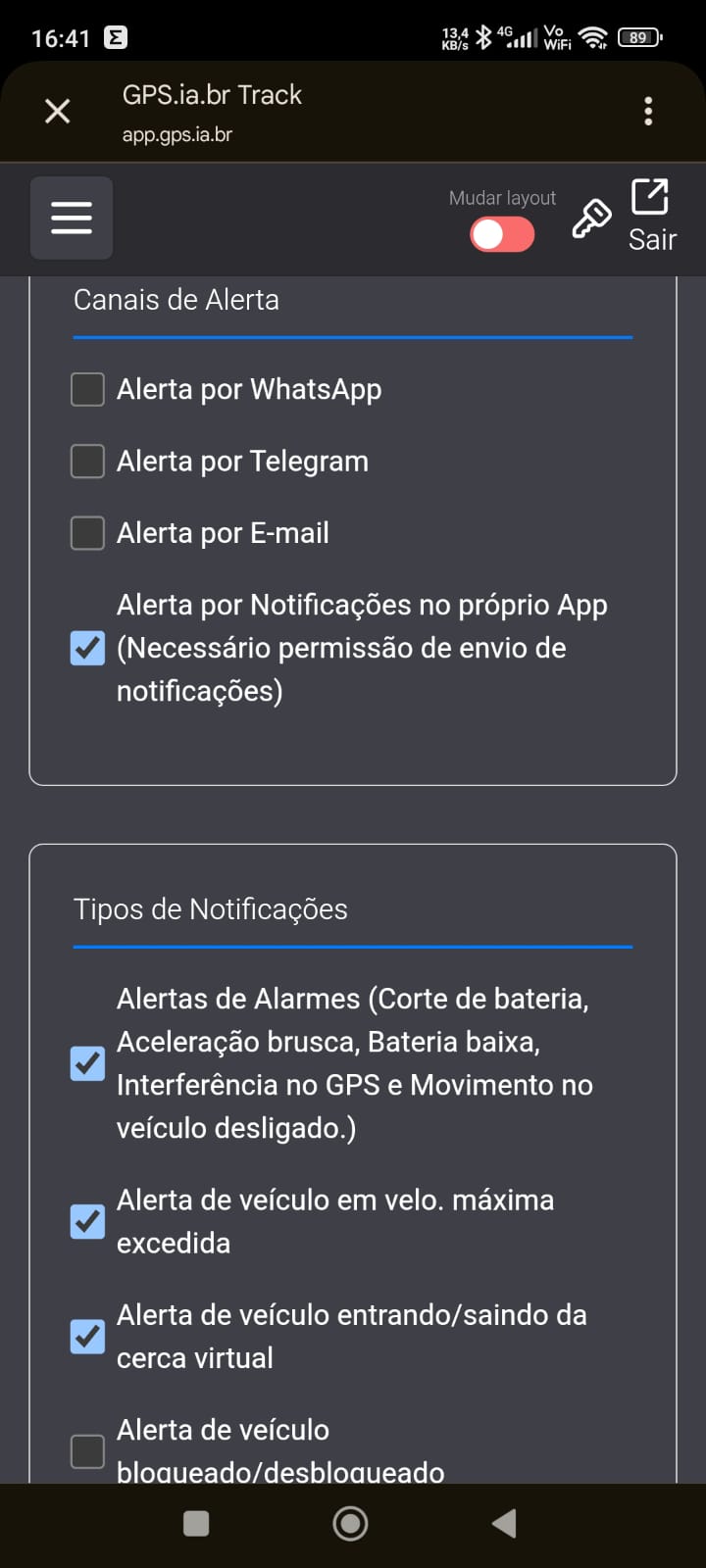 Exemplo de alertas personalizados no aplicativo de rastreamento