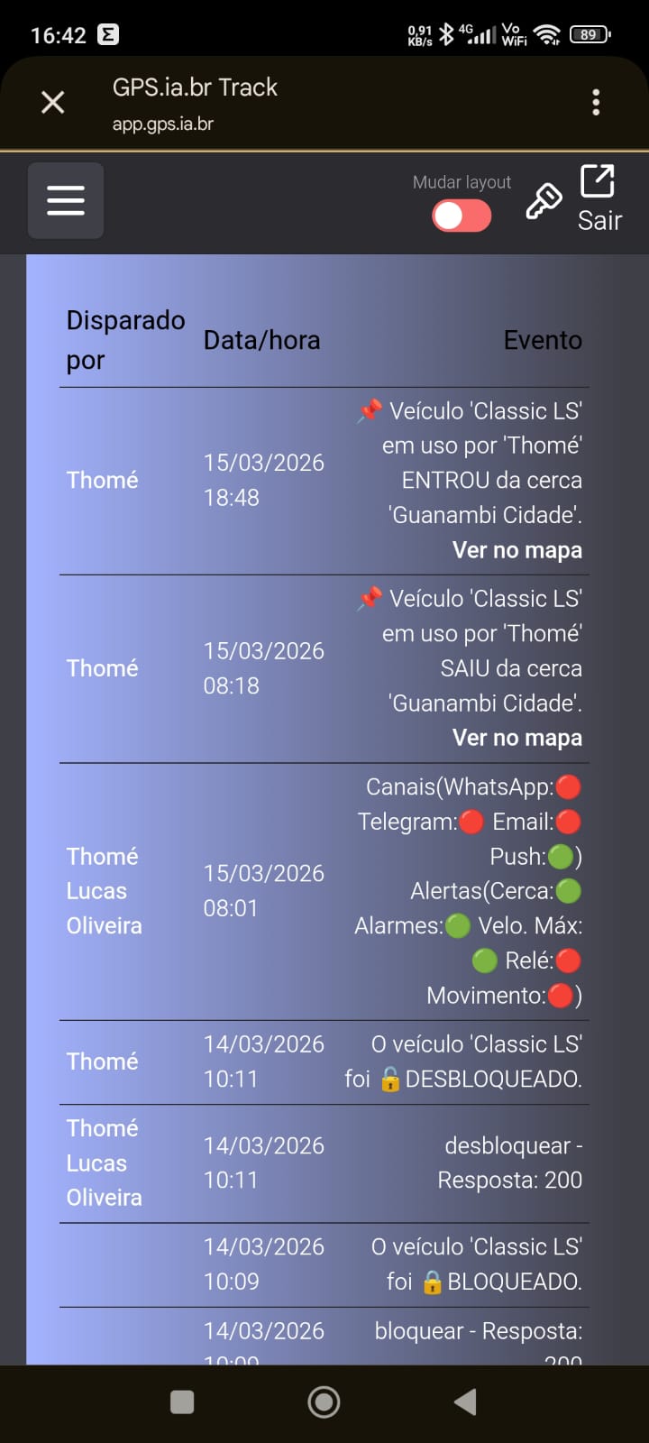 Exemplo de eventos no aplicativo de rastreamento