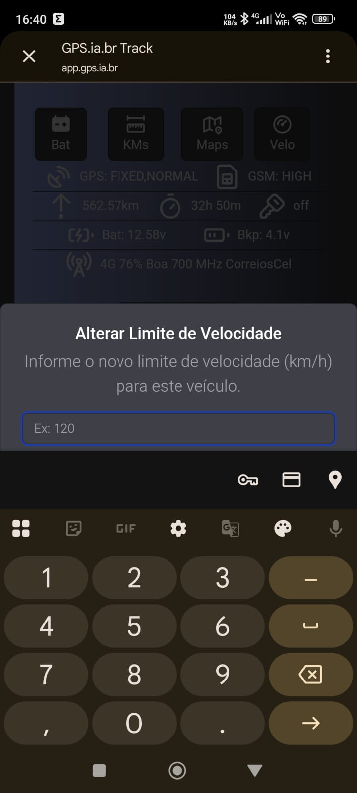 Exemplo de configuração de limite de velocidade no aplicativo de rastreamento